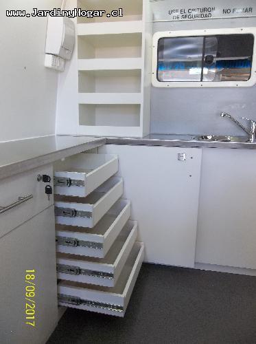 
Implementacin para una Veterinario Mvil. Muebles en Tableros Aglomerado Blanca y Cubierta en Acero Inoxidable. Sistema de Agua Potable y Agua Servida con Estanques y Bomba de agua. Lavamano en Acero inoxidable. Mueble con Cajones para las Utilidades. Puertas y Cajones con Chapa para evitar su apertura en el Transito. Canil en Tableros resistente a la Humedad. Instalacin Elctrica en 12V (Alimentacin interna) y 220V (Alimentacin externa).