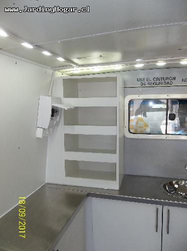 
Implementacin para una Veterinario Mvil. Muebles en Tableros Aglomerado Blanca y Cubierta en Acero Inoxidable. Sistema de Agua Potable y Agua Servida con Estanques y Bomba de agua. Lavamano en Acero inoxidable. Mueble con Cajones para las Utilidades. Puertas y Cajones con Chapa para evitar su apertura en el Transito. Canil en Tableros resistente a la Humedad. Instalacin Elctrica en 12V (Alimentacin interna) y 220V (Alimentacin externa).