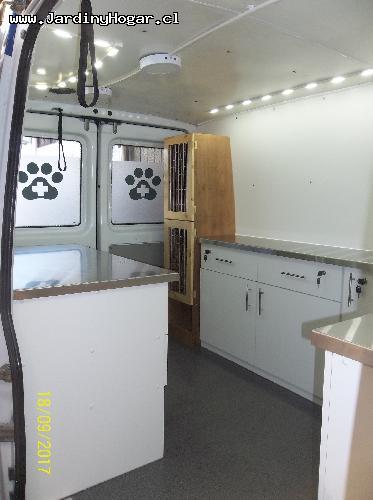 
Implementacin para una Veterinario Mvil. Muebles en Tableros Aglomerado Blanca y Cubierta en Acero Inoxidable. Sistema de Agua Potable y Agua Servida con Estanques y Bomba de agua. Lavamano en Acero inoxidable. Mueble con Cajones para las Utilidades. Puertas y Cajones con Chapa para evitar su apertura en el Transito. Canil en Tableros resistente a la Humedad. Instalacin Elctrica en 12V (Alimentacin interna) y 220V (Alimentacin externa).